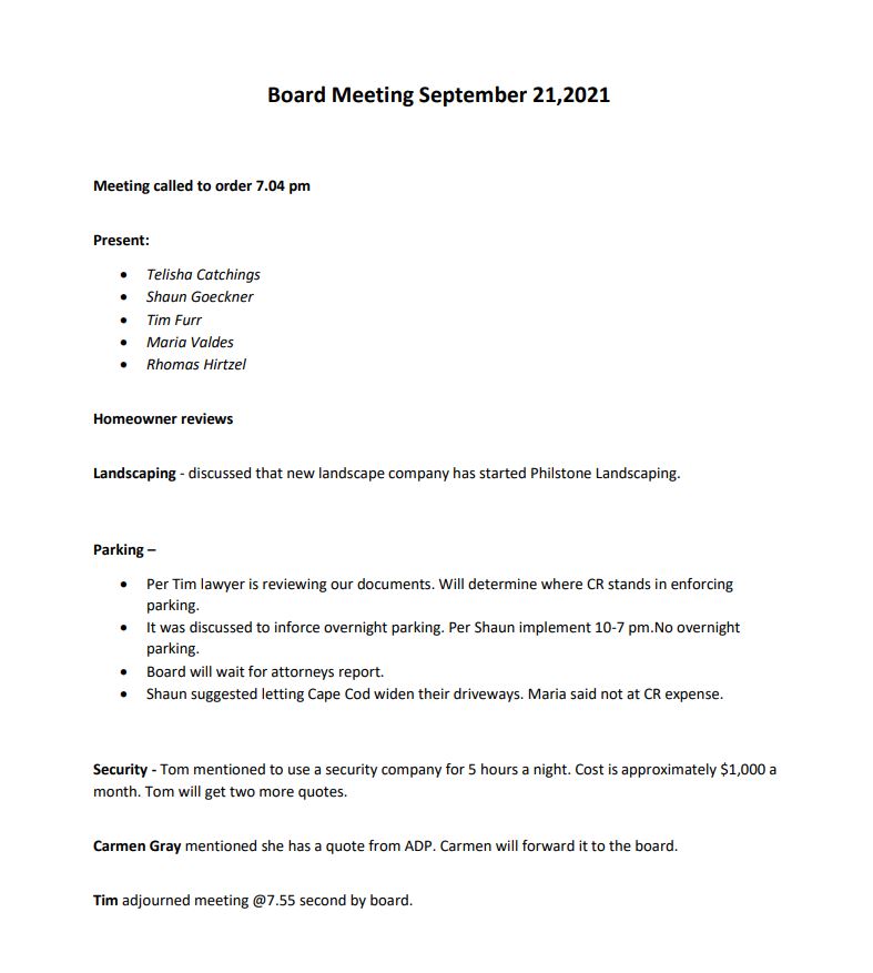 September 2021 Board Meeting Minutes