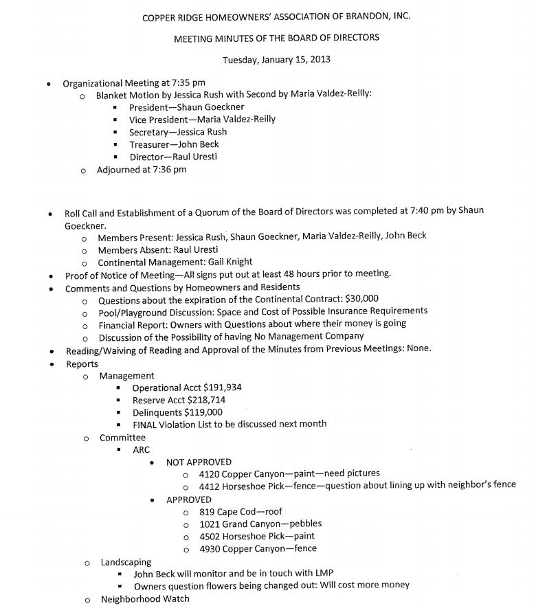January 2013 Board Meeting Minutes