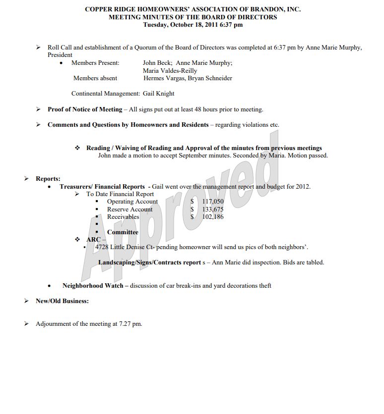 October 2011 Board Meeting Minutes