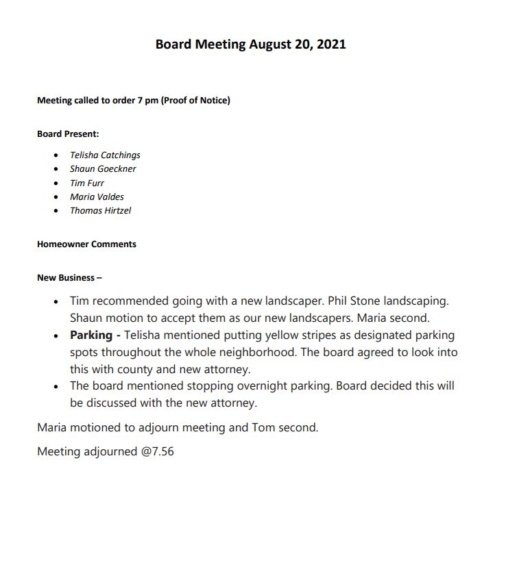 August 2021 Board Meeting Minutes